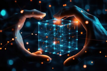 Two hands gently hold a glowing blue and orange cube in a dark background with abstract shapes.