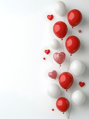 Poster - Elegant 3D arrangement of red and white balloons scattered on a white background perfect for new year party decor or luxury holiday design