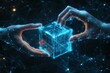 © kribbox - Two glowing, digital hands transferring a glowing, digital cube against a dark, abstract background.