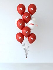 Fototapete - Bright red and white balloons gently floating on a clean white background creating a simple and festive new year concept