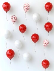 Poster - Floating Festive Red and White Balloons Spread Across a Crisp White Background Capturing a Minimalist and Elegant 3D Aesthetic for New Year and Party