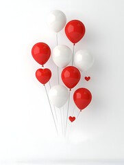 Poster - Minimalist 3D rendered visualisation of red and white floating balloons hovering over a bright white background creating a festive and clean new year concept with a modern graphic and simple design