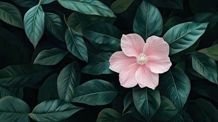 Poster - A pink flower with a white center blooms peacefully among green leaves, symbolizing beauty, serenity, and nature delicate balance.