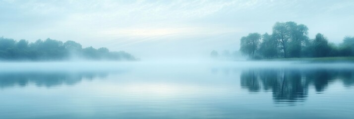 Poster - The mist gently rises from the surface of the lake, creating a peaceful atmosphere as trees are mirrored in the still water at dawn. Generative AI