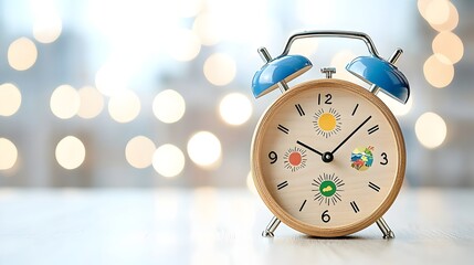 Aufkleber - Closeup of a wooden alarm clock with four seasons represented on its dial glowing in a warm soft bokeh lighting symbolizing the harmony between time and clean renewable energy