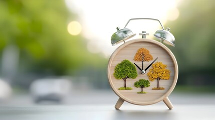 Aufkleber - Enchanting fantasy inspired wooden alarm clock showcasing the four seasons in a soft bokeh filled glow evoking a sense of natural cycles clean energy and tranquil home decor
