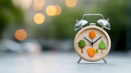 Aufkleber - Wooden alarm clock showcasing the four seasons in a fantastical glowing design with warm bokeh effects  This 3D rendering blends nature clean energy and minimalist for a tranquil serene atmosphere