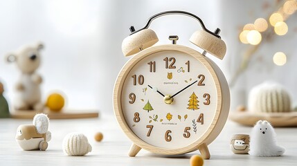 Aufkleber - Wooden vintage alarm clock with intricate seasonal details surrounded by a dreamy soft bokeh glow that symbolizes the natural flow of energy through the cycles of time