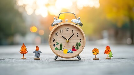 Aufkleber - Fantastical Wooden Alarm Clock With Seasonal Imagery Illuminated By Warm Bokeh Light Symbolizing Clean Energy Cycles and Natural Time Flow  Cozy Peaceful Interior Decor Design Concept