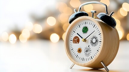 Aufkleber - Enchanting Wooden Alarm Clock with Seasonal Symbols and Warm Bokeh Glow A Fantasy Inspired Timepiece Merging Time and Clean Energy in a Serene Cozy Atmosphere