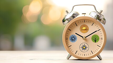 Aufkleber - Enchanting Wooden Alarm Clock with Seasonal Symbols in Warm Ethereal Glow   A conceptual fantasy inspired image merging the passage of time with clean energy and natural cycles