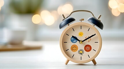 Aufkleber - wooden alarm clock featuring a dial representing the four seasons surrounded by a warm dreamlike bokeh glow that symbolizes the sustainable flow of energy through the natural cycle of time