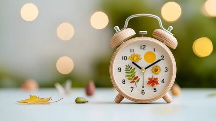 Aufkleber - wooden alarm clock featuring a dial with four seasons imagery surrounded by a warm dreamlike bokeh glow that symbolizes the sustainable energy flow and natural cycles of the natural world