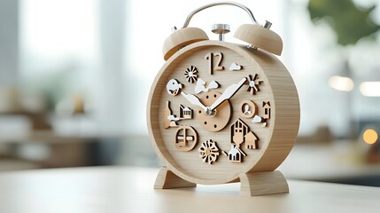 Aufkleber - Glowing wooden alarm clock with detailed seasonal themes softly illuminating the passage of time and reflecting the cycles of clean energy and natural renewal  A fantasy timepiece for a cozy