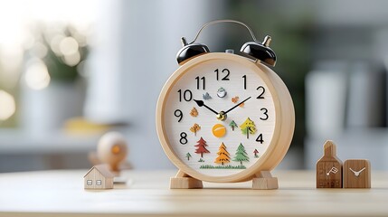 Aufkleber - Enchanting Wooden Seasonal Alarm Clock with Glowing Ethereal Bokeh Lighting   A fantasy timepiece reflecting the clean energy cycles of nature in a serene meditative design
