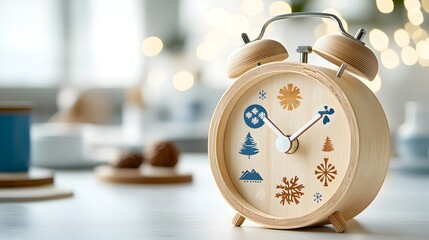 Aufkleber - Glowing wooden alarm clock with seasonal symbols surrounded by a fantasy inspired bokeh lighting showcasing the intertwined concepts of clean energy and the passage of time in a cozy