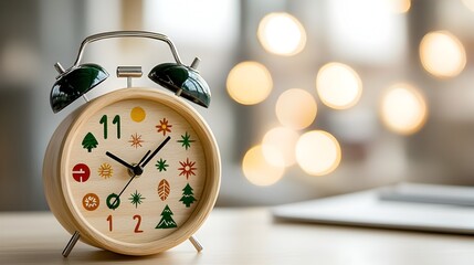Aufkleber - A close up view of a warm glowing wooden alarm clock adorned with seasonal symbols surrounded by a dreamy fantasy inspired bokeh lighting effect  The intertwined elements of nature time