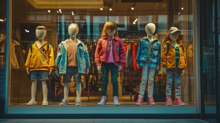 Wall Mural - A group of children's clothing on display in a store window