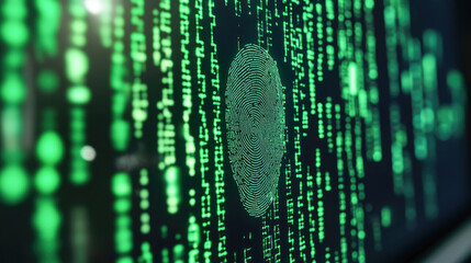 Wall Mural - digital fingerprint identification on matrix background for cybersecurity analysis