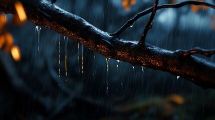 raindrops dripping from a tree branch in a forest.