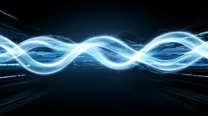 Fototapete - Mesmerizing abstract digital waves in a captivating flow of glowing blue hues set against a dark background with white accents