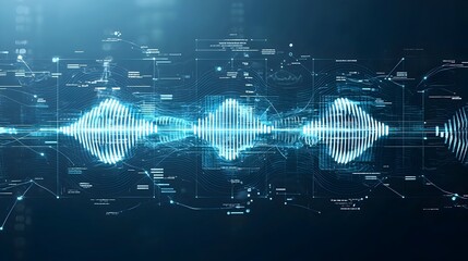 Aufkleber - Glowing blue abstract digital waves flowing on a dark background with white accents representing advanced technology and connectivity