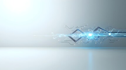 Poster - Mesmerizing futuristic abstract background featuring dynamic blue waves with glowing particles representing technological advancements and digital innovation