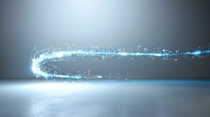 Fototapete - Glowing blue digital waves flowing and swirling dynamically across a dark and white futuristic background representing the essence of technology data and modern digital design