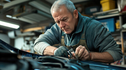 Focused senior mechanic working on car engine in garage workshop setting