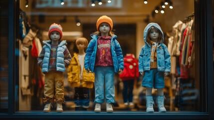 Wall Mural - Three children are dressed in winter clothes and standing in front of a window