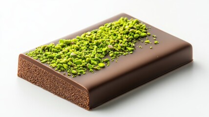 Dubai Chocolate Kunafa Pistachio on white background,Dubai Chocolate bar with green kadayif and pistachio spread,popular and viral chocolate 2024,space for text.