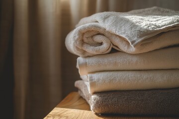 Poster - Neatly folded towels of varying textures and colors are stacked on a wooden table, illuminated by warm sunlight from a nearby window. Generative AI