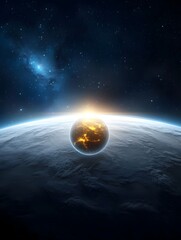 Poster - Glowing cosmic sphere with pulsing energy waves set against a swirling nebula and starry night sky exuding vibrant celestial energy and a sense of cosmic wonder