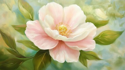 Canvas Print - A soft pink flower with a white center is the main focus, with surrounding green leaves enhancing the peaceful, natural beauty of the scene.