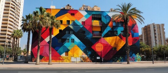 Wall Mural - colorful geometric mural on a building with palm trees in front.