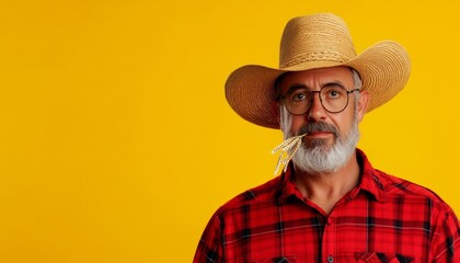 Wall Mural - Happy modern looking farmer wearing checkered print red shirt, straw hat and strand of wheat out of the corner of his mouth