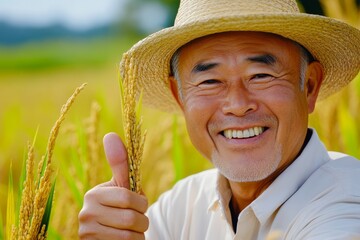 In the sunny fields, a smiling farmer above the waist is wearing light colored clothes, a straw hat, a thumbs up in his right hand, and holding a natural rice ear in his left hand.