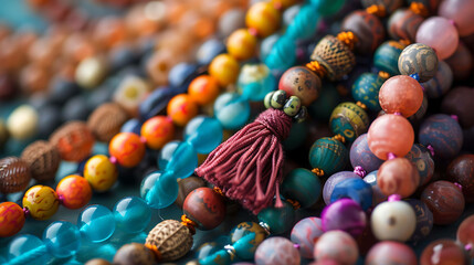 A beautiful close-up of a handmade mala necklace with colorful beads and a red tassel. The mala is draped over a blue surface.