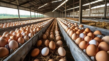 line of fresh brown & white eggs in poultry production farm, closeup of chicken egg carton manufacturer farmhouse. natural fresh healthy food produce 