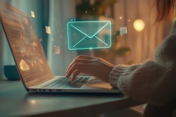 Person typing on laptop with holographic email icons in home office