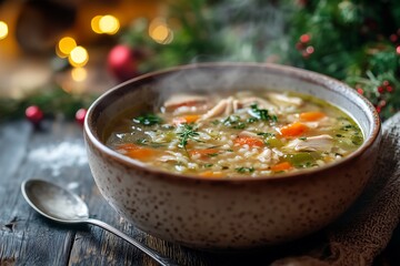 Steaming homemade chicken soup canja de galinha with festive background..