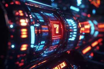 Aufkleber - Futuristic slot machines with vibrant lights and spinning reels create an electric atmosphere, showcasing a captivating jackpot symbol. Generative AI