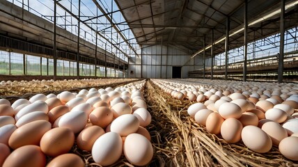 line of fresh brown & white eggs in poultry production farm, closeup of chicken egg carton manufacturer farmhouse. natural fresh healthy food produce 