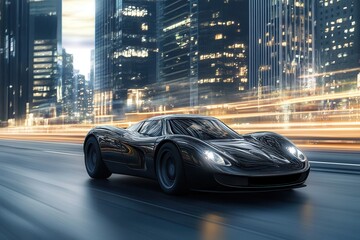 A black sports car speeds through the city at night, with blurred lights and skyscrapers in the background.