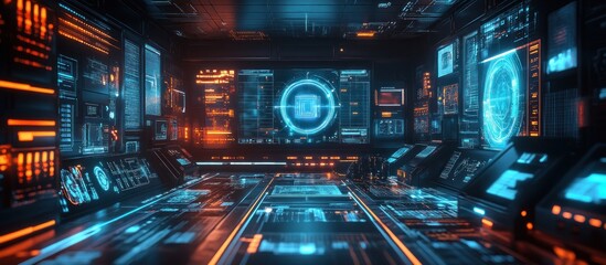 Wall Mural - futuristic control room with glowing screens, buttons, and a central screen with a blue target.