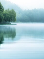 Poster - The stillness of a serene lake is enhanced by gentle mist rising, with trees softly visible near the water's edge in early morning. Generative AI