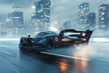 A sleek black sports car speeds through a futuristic city in the rain.