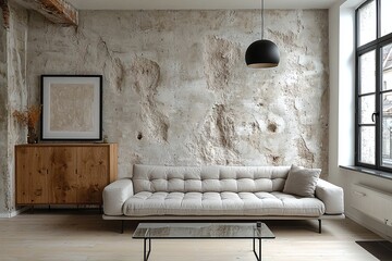 Scandinavian interiors in the living room with rough wall finishes, lighting, sofas and wood cabinets. Generative AI
