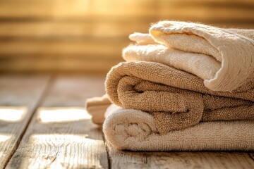 Leinwandbilder - Neatly arranged towels rest on a weathered wooden surface while gentle sunlight filters in, creating a warm and inviting atmosphere. Generative AI