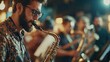 © Fathor - Musician playing saxophone on blurred background. Man with friends blow saxophone with the band for performance. Music instrument played by saxophonist player musician in festival. generative ai